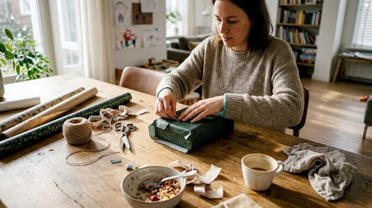 Aan de eettafel zorgt een vrouw voor een originele verpakking van een cadeau.
