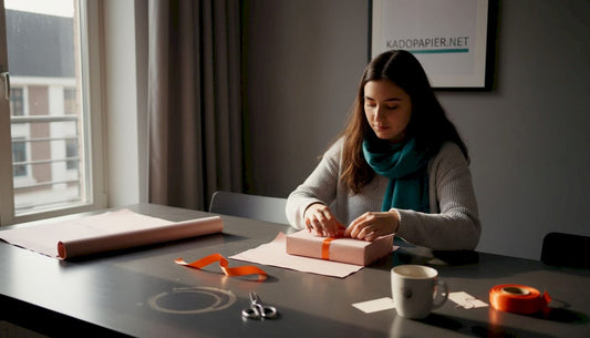 Een vrouw wikkelt een cadeau in zachtroze inpakpapier.
