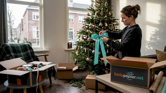 Een vrouw versiert de kerstboom met een satijnen strik.