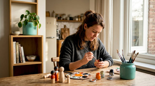 Een vrouw zit aan de eettafel gezellig pietenfiguurtjes te schilderen.