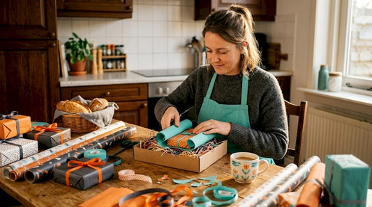 Een vrouw stopt vulmateriaal in een cadeaudoos.