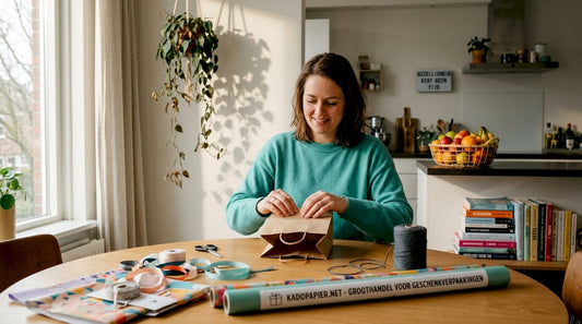 Een vrouw zit in de woonkamer een cadeau in een papieren tas te doen.