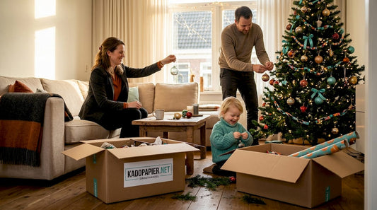 Samen met het hele gezin wordt de kerstboom in de knusse woonkamer feestelijk opgetuigd.