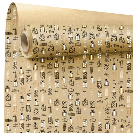 Gifts - Rol inpakpapier – Kraftkleur met cadeauprint – 60 grams gestreept kraft – 70cmx50m