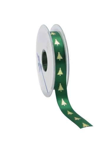 Satijnen Kerstlint Groen met Gouden Kerstbomen
