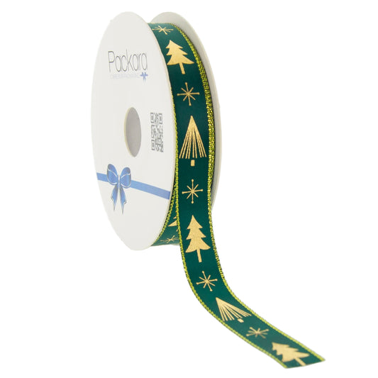 Kerstlint Satijn 'Christmas Tree' – Groen met Gouden Kerstbomen – Geweven Rand – 15mm x 20m