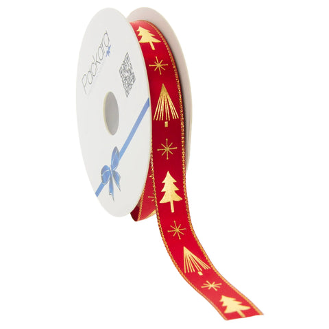 Kerstlint Satijn 'Christmas Tree' – Rood met Gouden Kerstbomen – Geweven Rand