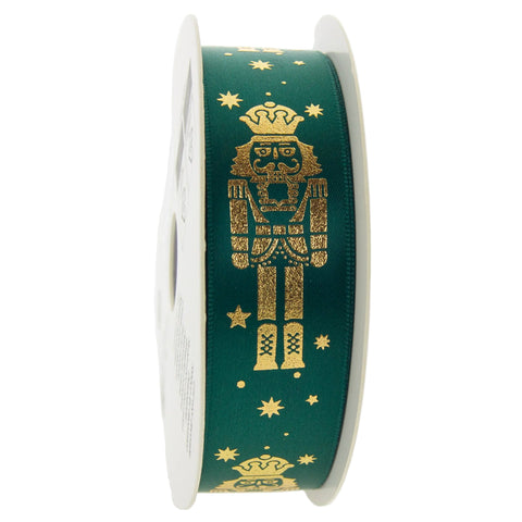 Kerstlint Satijn 'Nutcracker' – Groen met Gouden Notenkraker – Geweven Rand