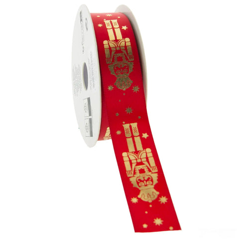 Kerstlint Satijn 'Nutcracker' – Rood met Gouden Notenkraker – Geweven Rand