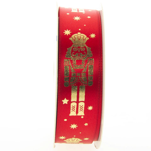 Kerstlint Satijn 'Nutcracker' – Rood met Gouden Notenkraker – Geweven Rand
