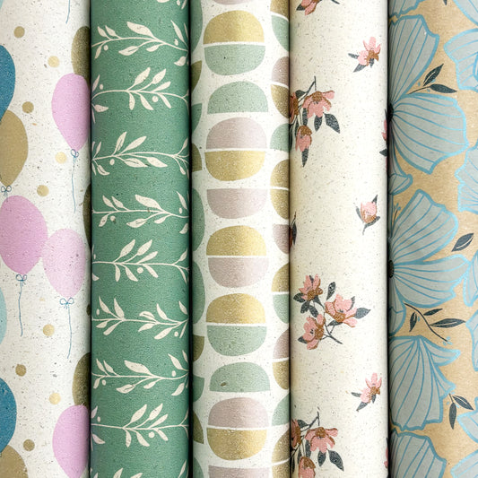 ROSIE FSC Cadeaupapier – Gras/kraft set 70x200 cm – 5 rollen