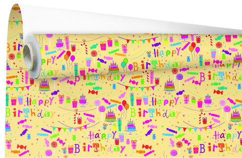 Happy birthday - Rol inpakpapier – Wit gestreept kraft met gekleurde cadeautjes